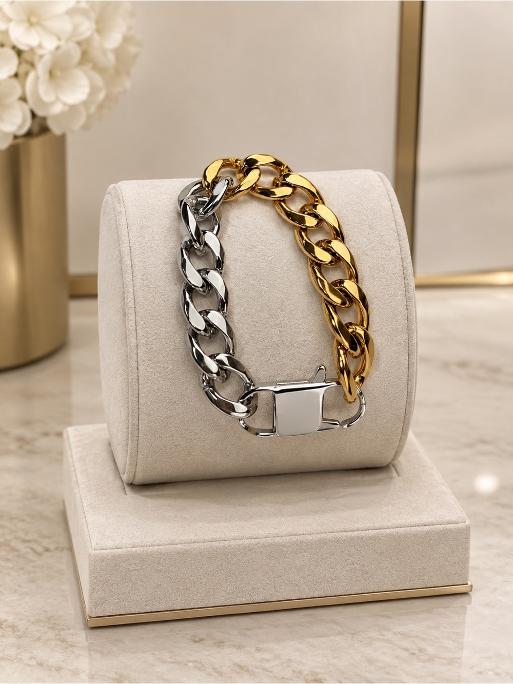 Two-Tone Chunky Curb Chain Bracelet – Gold & Silver Mixed Metal Statement Link